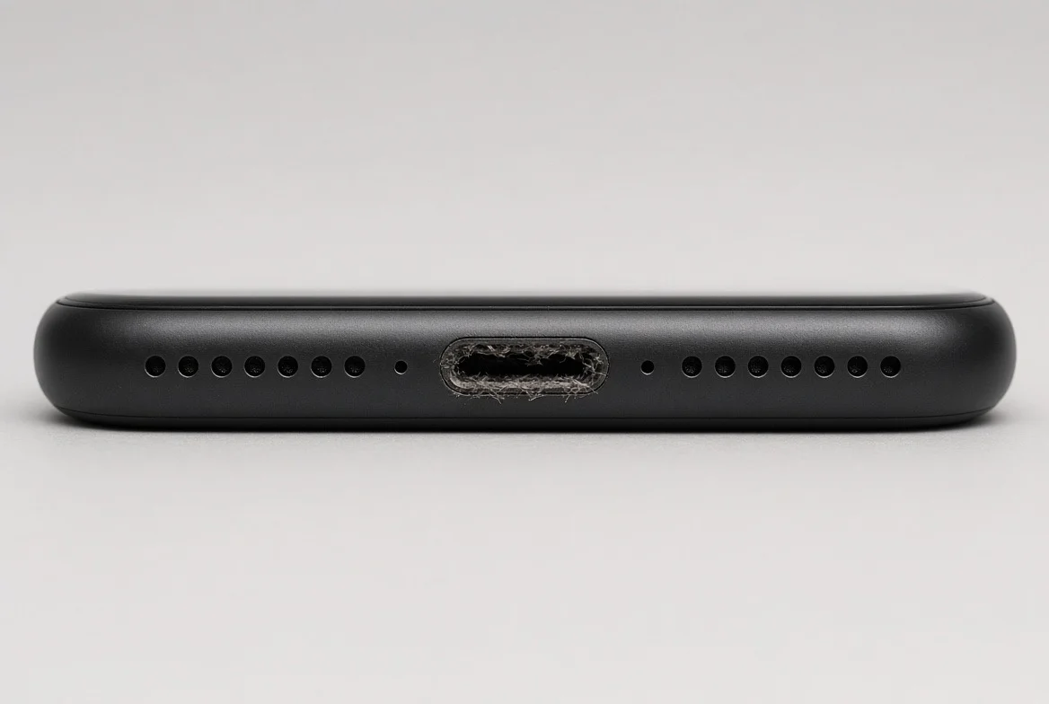 Connecteur de charge encrassé par de la poussière et des peluches, vu de face