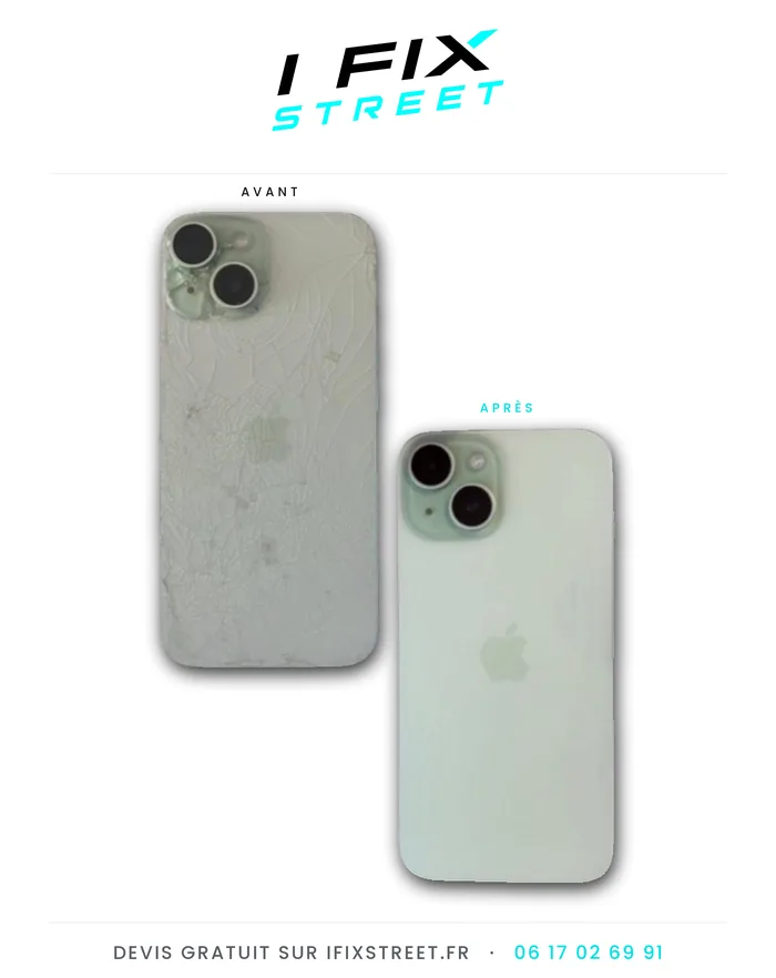 Remplacement vitre arrière iPhone 15 avant / après - I Fix Street